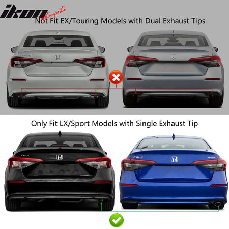 IKON MOTORSPORTS, Rear Bumper Cover Set + Exhaust Compatible With 2022-2024 Honda Civic LX / Sport Models, Type R Rear Bumper Conversion + Diffuser + Side Vents and Reflectors + Exhaust