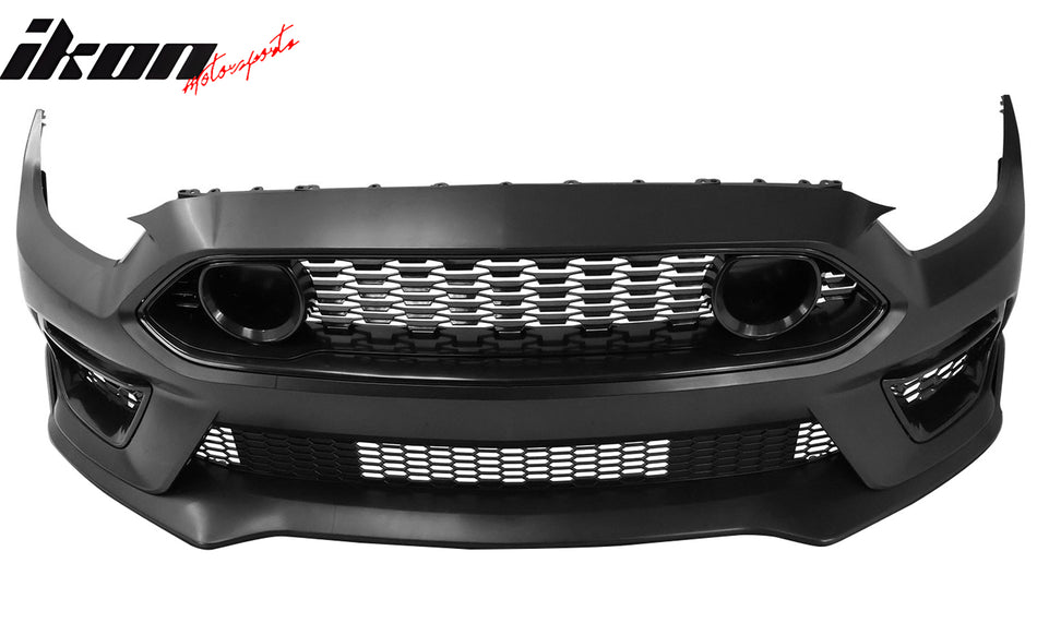 IKON MOTORSPORTS, Front Upper Lower Grilles & Bumper Cover Compatible With 2015-2017 Ford Mustang EcoBoost & GT Only, Mach 1 Style PP Primer Black Front Bumper Cover With Grill & Fog Covers