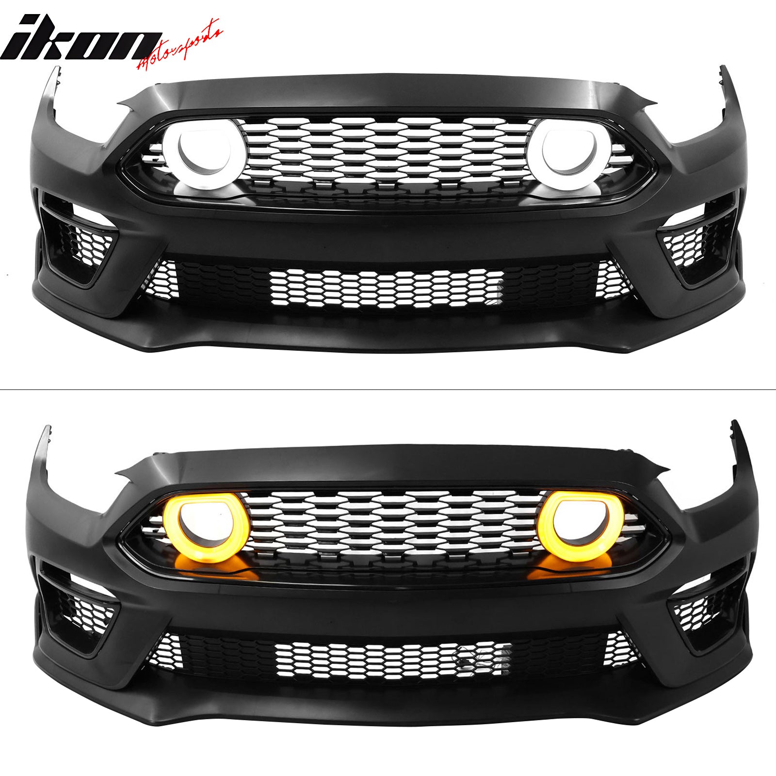 IKON MOTORSPORTS, Front Upper Lower Grilles W/ Lamp & Bumper Cover Compatible With 2015-2017 Ford Mustang EcoBoost & GT Only, Mach 1 PP Primer Black Front Bumper Cover W/ Grill & Fog Covers