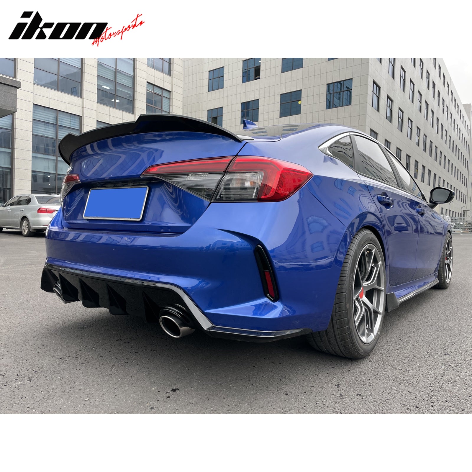 IKON MOTORSPORTS, Rear Bumper Cover + Diffuser + Exhaust Compatible With 2022-2024 Honda Civic Sedan, Performance Type R Style Unpainted Rear Bumper Conversion Set + Matte Black Diffuser + Exhaust