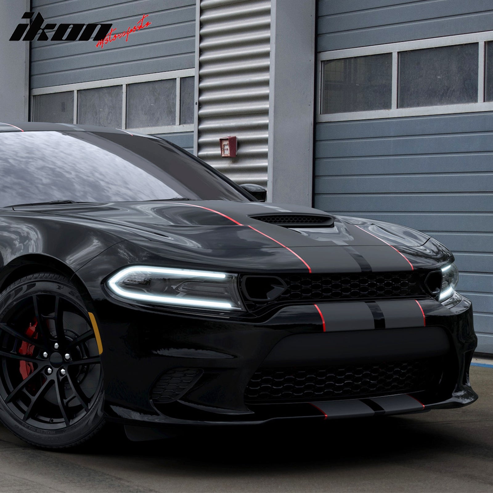 IKON MOTORSPORTS, Front Bumper Cover Compatible With 2015-2023 Dodge Charger Scat Pack/SRT 392/SRT Hellcat, 19 SRT Hellcat PP Fascia Support W/ Lower Upper Grille / Fascia Applique + Fog Light Covers