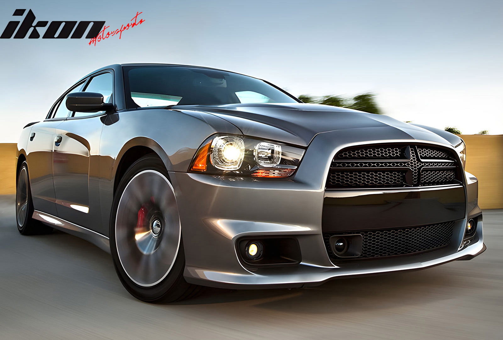 IKON MOTORSPORTS, Front Bumper Cover Compatible With 2011-2014 Dodge Charger, PP SRT8 Style Front Bumper Conversion Kit + Foglight Covers + Upper & Lower Grilles With ACC Adaptive Cruise Control