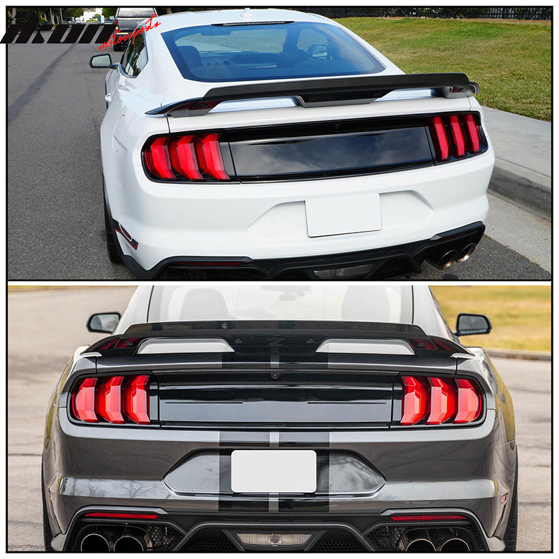 IKON MOTORSPORTS, Trunk Spoiler Compatible with 2015-2023 Ford Mustang 2 Door Coupe, GT500 Style Handling Package Gloss Black ABS Rear Trunk Lid Spoiler Wing Lip W/ Smoke Spoiler Gurney Flap Wicker Bill + Hardware