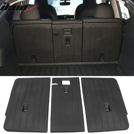 IKON MOTORSPORTS, Trunk Mats + Protector Backrest Covers Compatible with 2020-2023 Tesla Model Y, Black Injection TPE All Weather Waterproof Anti-Slip Frunk Trunk Under Cargo Storage Liner Mat