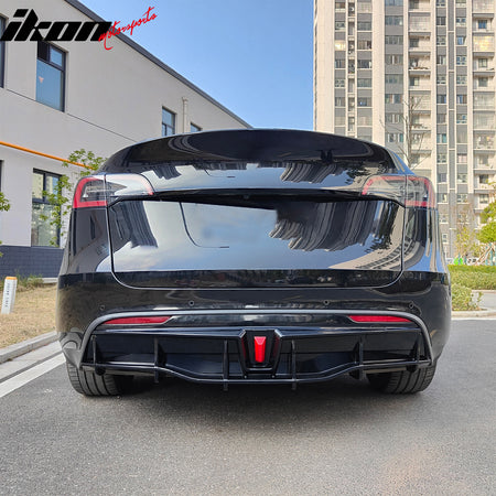 IKON MOTORSPORTS Rear Bumper Lip W/ Brack Light + Rear Aprons, Compatible with 2020-2024 Tesla Model Y, IKON Style Gloss Black PP Rear Lower Spoiler Valance Splitter Side Spat Winglet Canard 3PCS