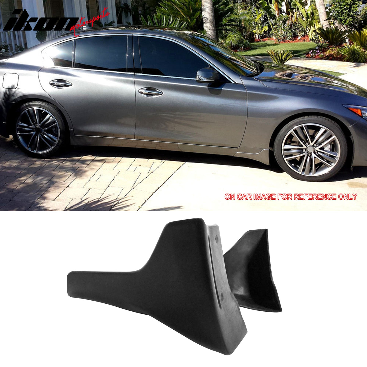 IKON MOTORSPORTS, Side Skirts + Corner Aprons Compatible with 2014-2017 INFINITI Q50, JDM Sports Style PU Unpainted Splash Mud Flap Guards Underbody Spoiler Side Corner Aprons 4PCS