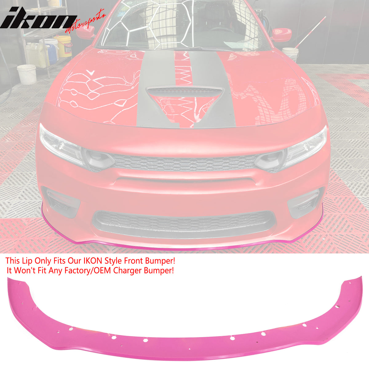 IKON MOTORSPORTS, Front Bumper Conversion W/ Pink Lip Compatible With 2015-2023 Dodge Charger, Widebody Style Front Bumper Cover & Upper Grille & Lower Grille & Foglight Covers Replacement