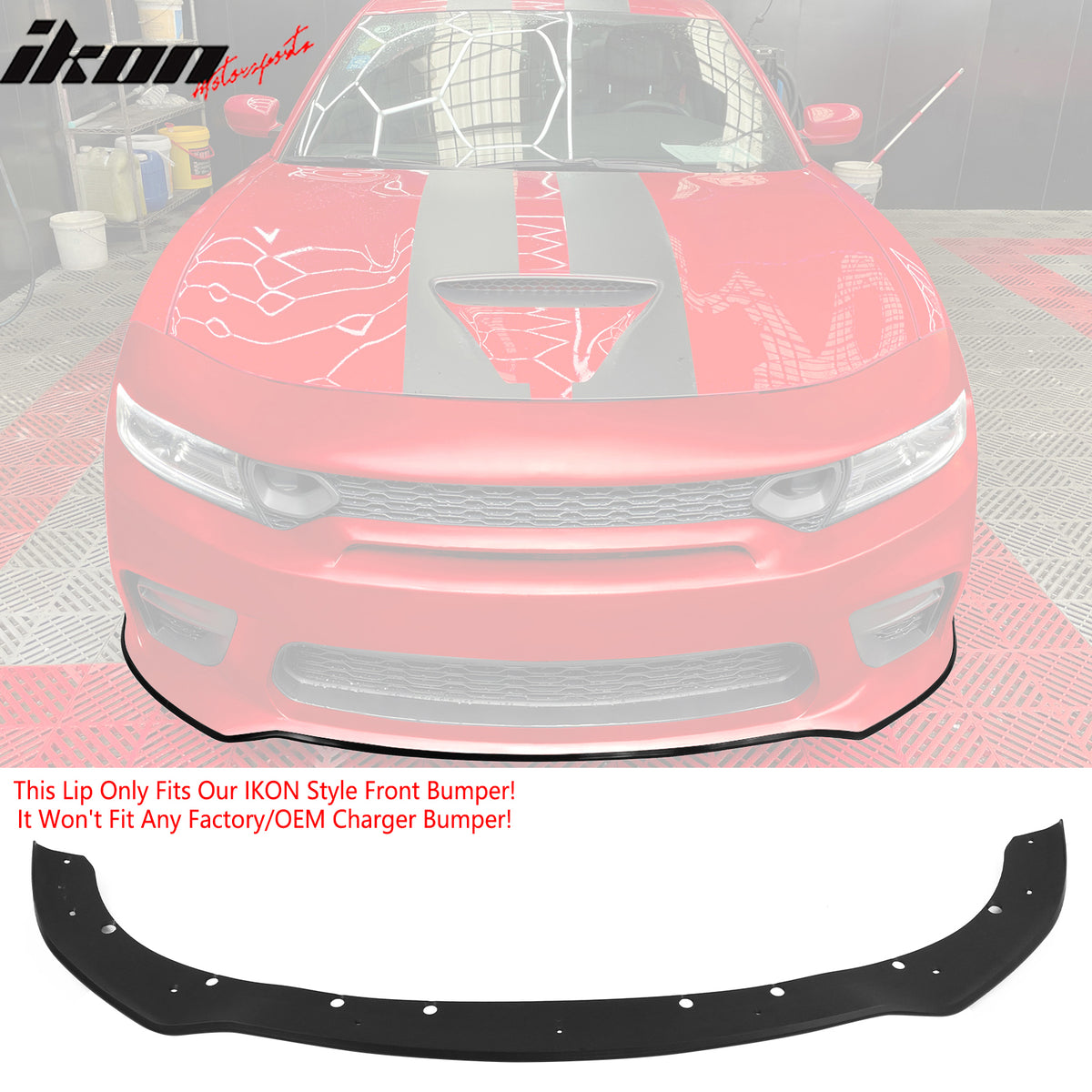 IKON MOTORSPORTS, Front Bumper Conversion W/ Matte Black Lip Compatible With 2015-2023 Dodge Charger, Widebody Style Front Bumper Cover & Upper Grille & Lower Grille & Foglight Covers Replacement