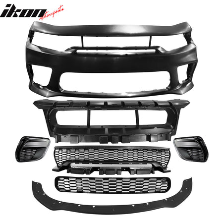 Fits 15-23 Charger Upper Lower Grilles Front Bumper Cover W/ Matte Black Lip PP