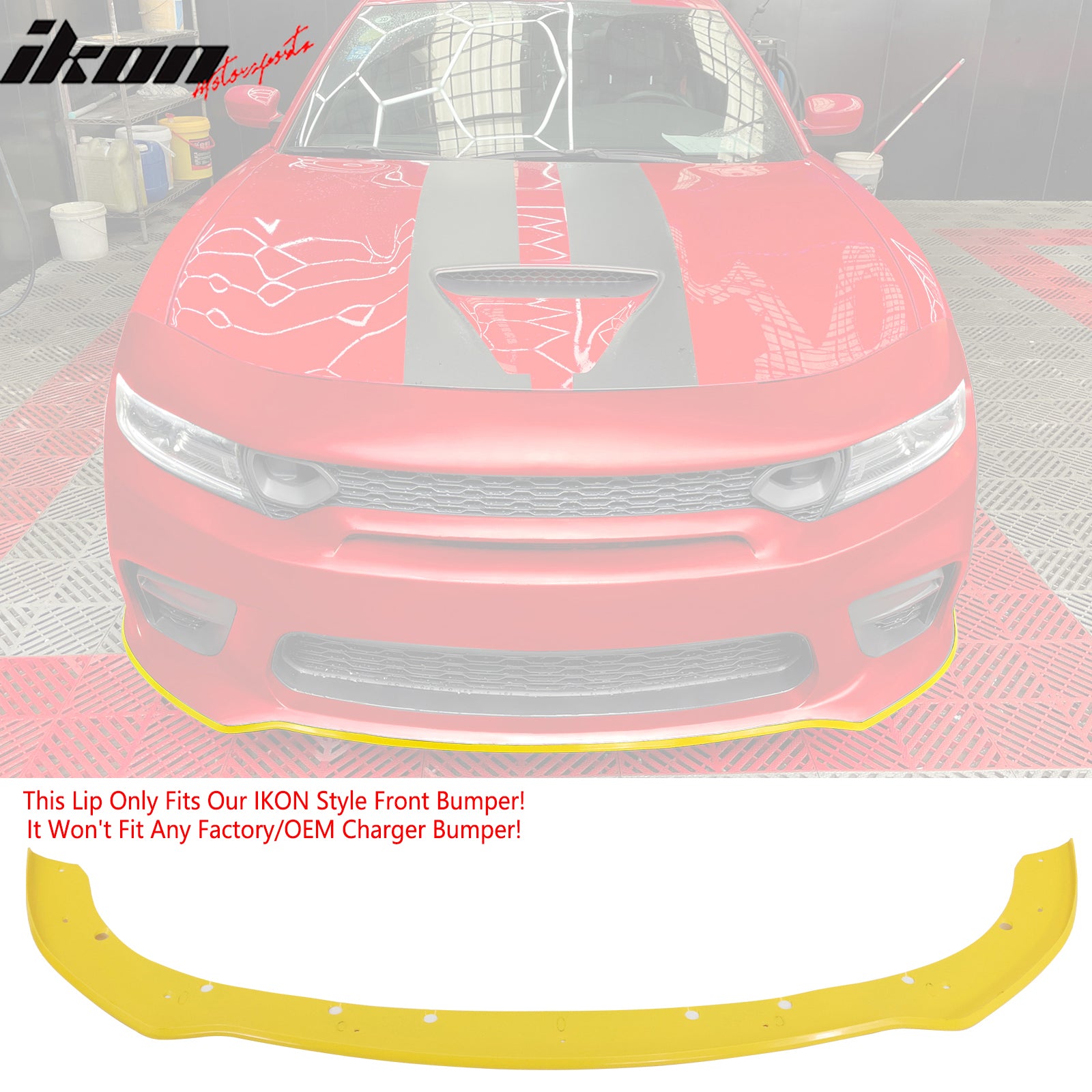 IKON MOTORSPORTS, Front Bumper Conversion W/ Yellow Lip Compatible With 2015-2023 Dodge Charger, Widebody Style Front Bumper Cover & Upper Grille & Lower Grille & Foglight Covers Replacement