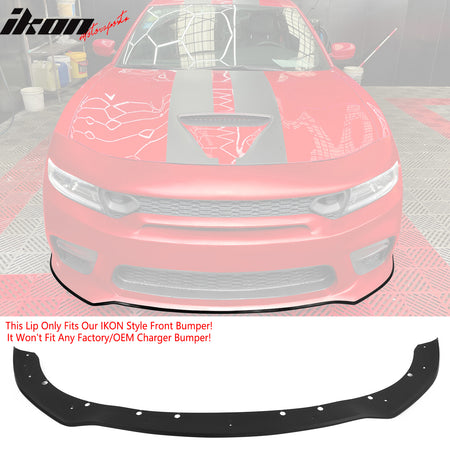 IKON MOTORSPORTS, Front Bumper Conversion W/ Matte Black Lip Compatible With 2015-2023 Dodge Charger, Widebody Style Front Bumper Cover & SRT Style Upper Grille & Lower Grille & Foglight Covers