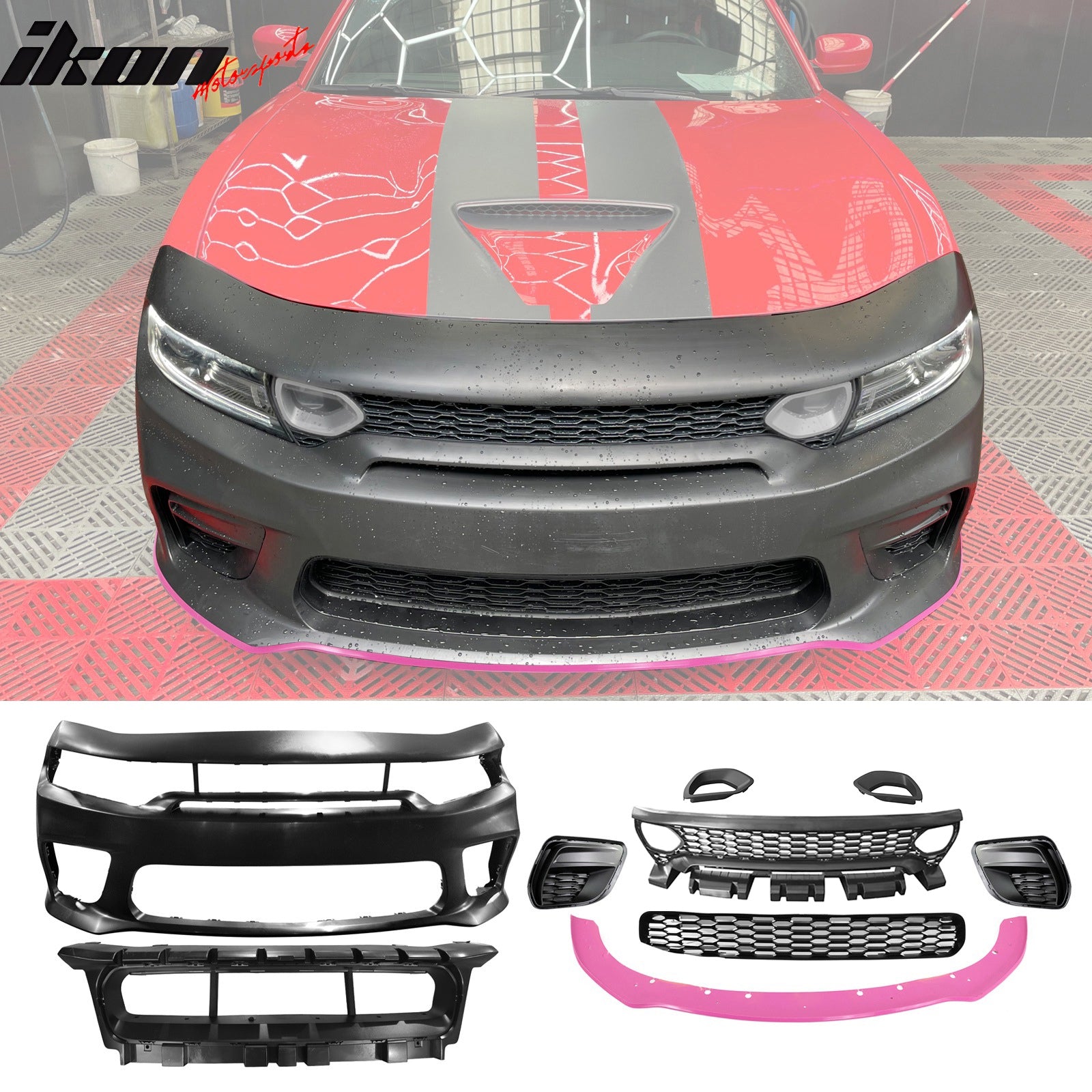 IKON MOTORSPORTS, Rear & Front Bumper Conversion W/ Pink Lip Compatible With 2015-2023 Dodge Charger, Widebody Style Bumper Covers & SRT Upper Lower Grille & Foglight Covers W/ Rear Diffuser