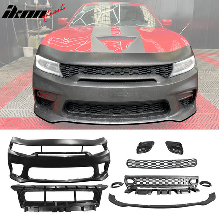 IKON MOTORSPORTS, Rear & Front Bumper Conversion W/ Matte Black Lip Compatible With 2015-2023 Dodge Charger, Widebody Style Bumper Covers & SRT Upper Lower Grille & Foglight Covers W/ Rear Diffuser