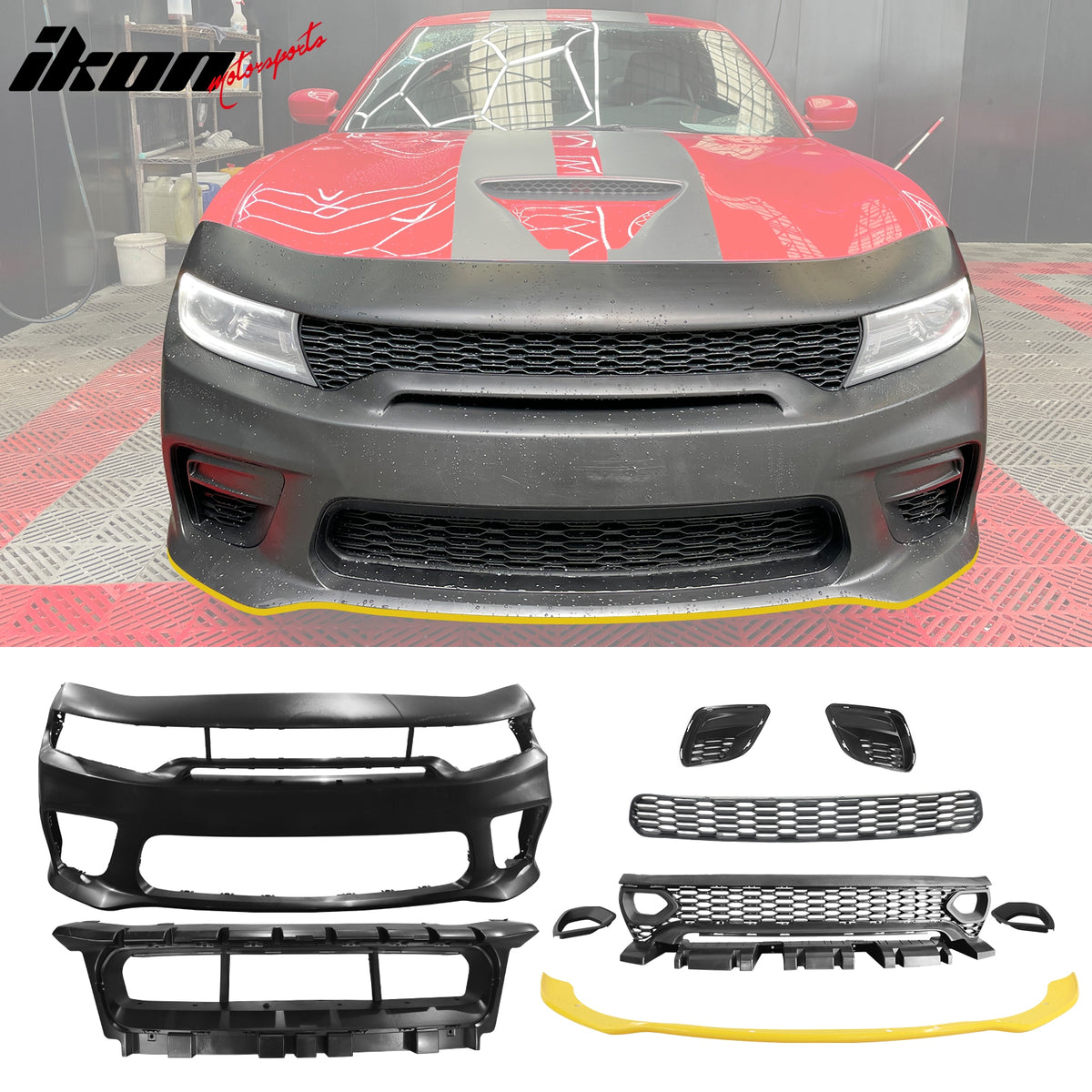 IKON MOTORSPORTS, Rear & Front Bumper Conversion W/ Yellow Lip Compatible With 2015-2023 Dodge Charger, Widebody Style Bumper Covers & SRT Upper Lower Grille & Foglight Covers W/ Rear Diffuser