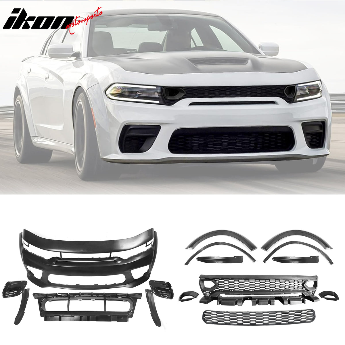 IKON MOTORSPORTS, Whole Kits Compatible With 2015-2023 Dodge Charger, Widebody Style Front Rear Bumper W/ SRT Scat Pack Grille + Side Skirts + Fender Flare IKON Matte Black Diffuser Whole Bodykits