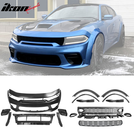 IKON MOTORSPORTS, Whole Kits Compatible With 2015-2023 Dodge Charger, Widebody Style Front Rear Bumper W/ SRT Scat Pack Grille + Side Skirts + Fender Flare IKON Carbon Fiber Print Diffuser Bodykits