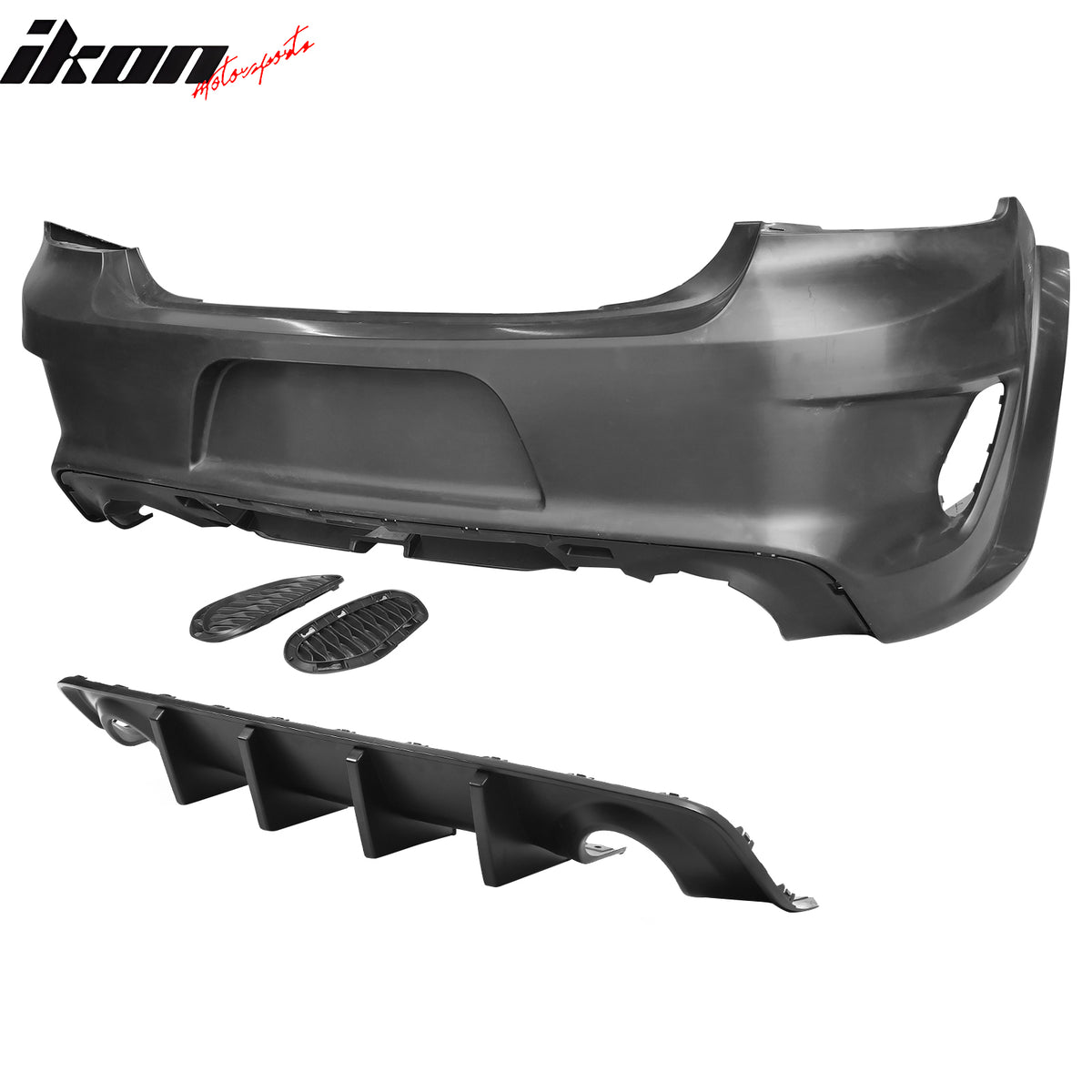 IKON MOTORSPORTS, Rear Bumper Cover W/ Diffuser Lip Compatible With 2020-2023 Dodge Charger Widebody, Rear Bumper Conversion IKON Style Gloss Black 4-Fin Diffuser Whole Bodykits