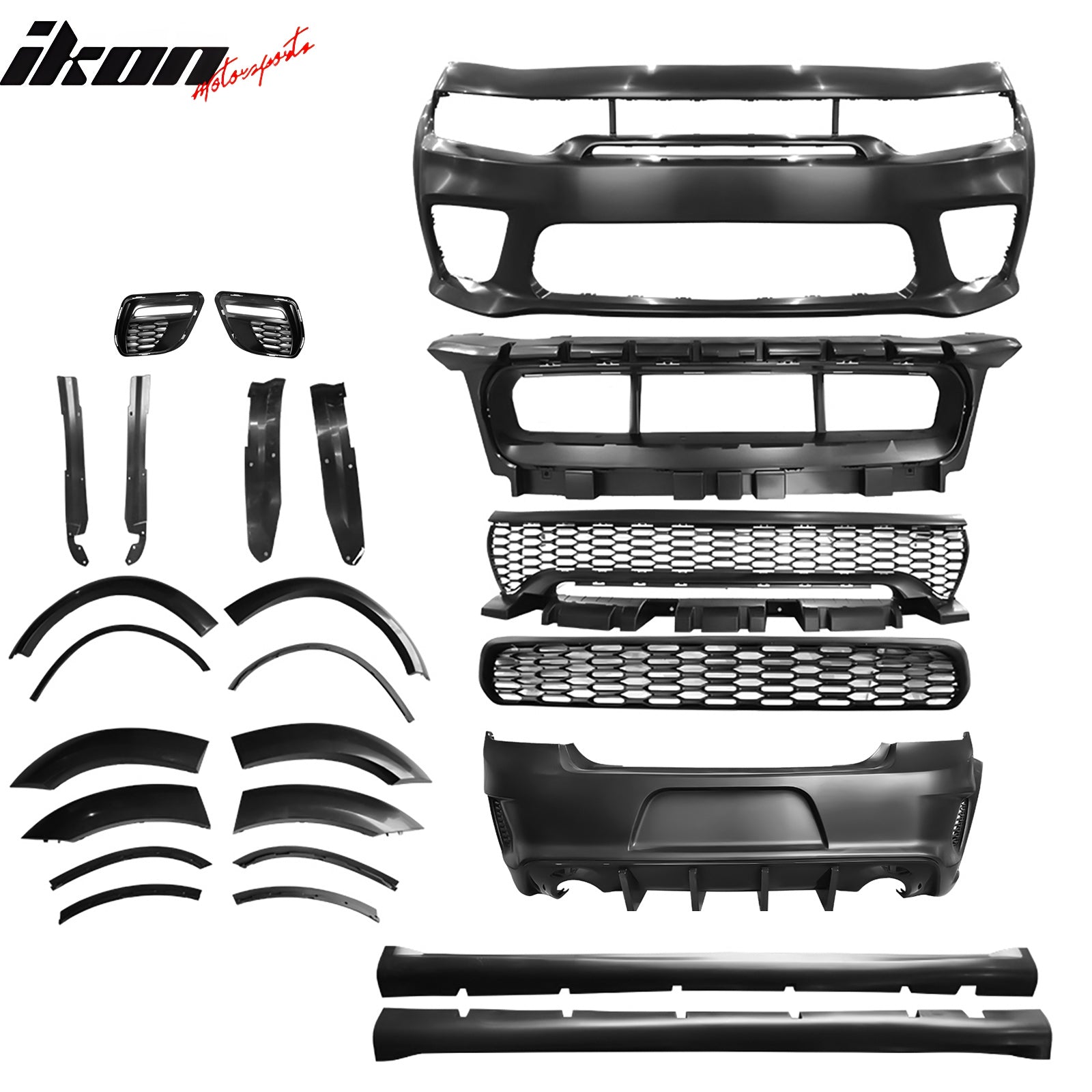 Fits 15-23 Dodge Charger Widebody Whole Bumper Gloss Black Diffuser Kits W/ LED