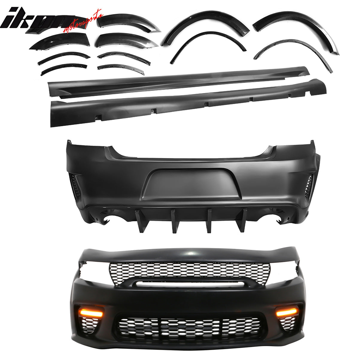 Fits 15-23 Dodge Charger Widebody Whole Bumper Gloss Black Diffuser Kits W/ LED