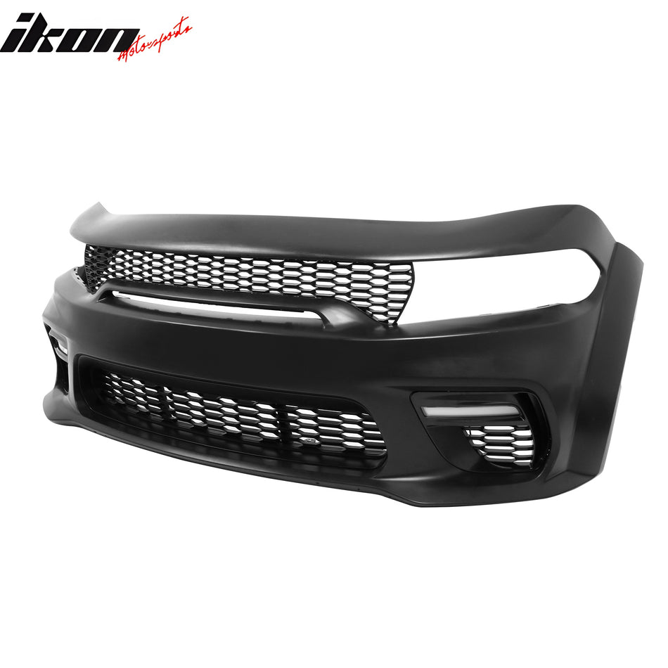 IKON MOTORSPORTS, Front Bumper Package Compatible With 2015-2023 Dodge Charger, Widebody Style Front Bumper Cover & Upper Grille & Lower Grille & Fog light Cover W/ Lights