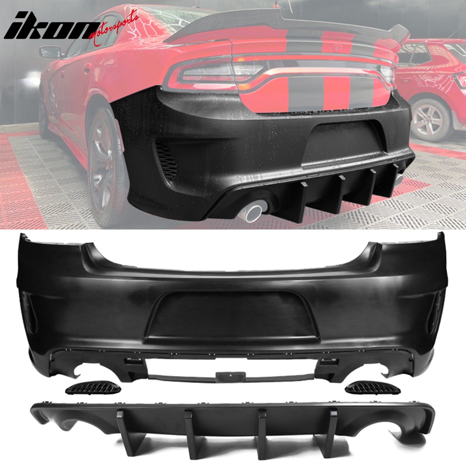 For 15-23 Charger PP Front Bumper W/ SRT Grille LED Foglight Rear Bumper Cover