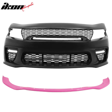 For 15-23 Charger Upper Lower Grilles Front Bumper Conversion W/ Pink Lip LED PP