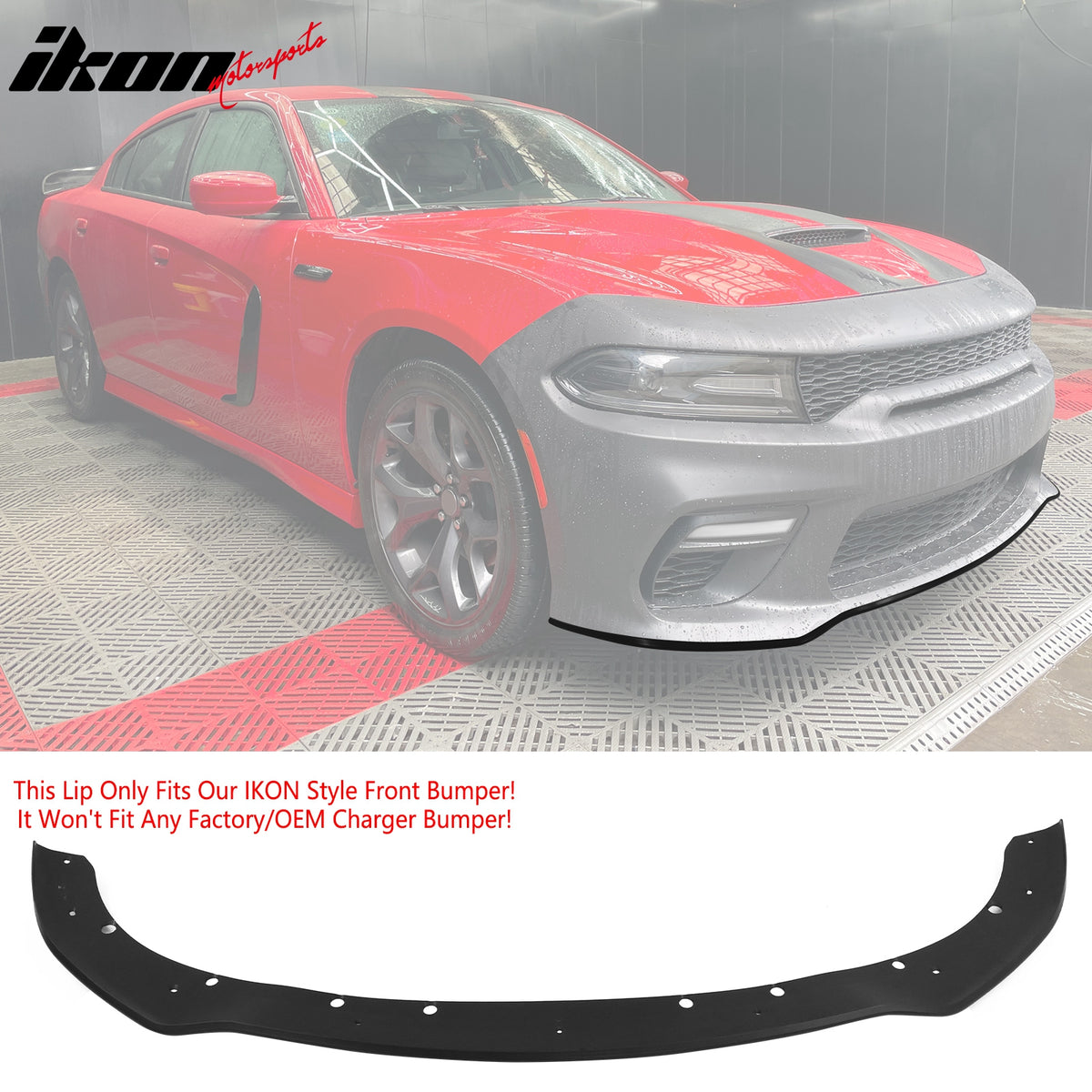 IKON MOTORSPORTS, Front Bumper Conversion W/ Matte Black Lip Compatible With 2015-2023 Dodge Charger, Widebody Style Front Bumper Cover & Upper & Lower Grille & Foglight Covers W/ Lights Replacement