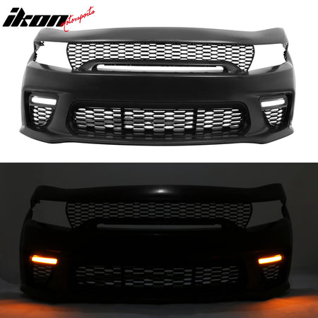 Fits 15-23 Charger Upper Lower Grilles Front Bumper Cover Matte Black Lip LED PP