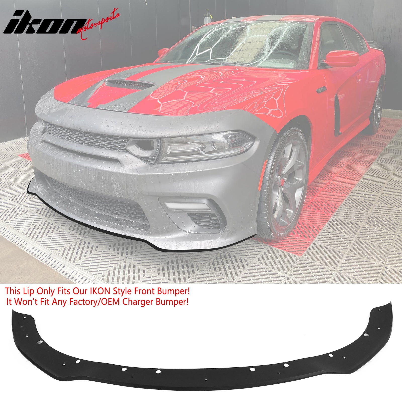 IKON MOTORSPORTS, Front Bumper Conversion W/ Matte Black Lip Compatible With 2015-2023 Dodge Charger, Widebody Style Front Bumper Cover & SRT Style Upper Lower Grille & Foglight Covers W/ Lights Lamp