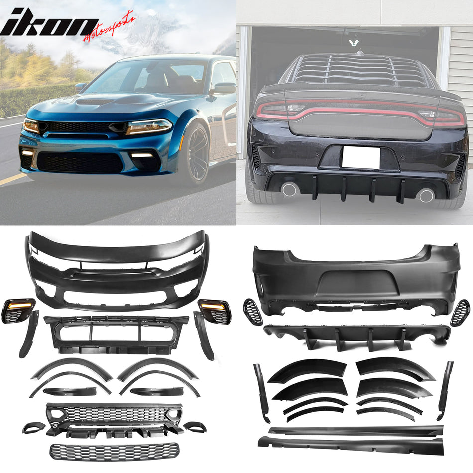 2015-2023 Charger IKON Matte Black Front Rear Bumper Covers LED PP