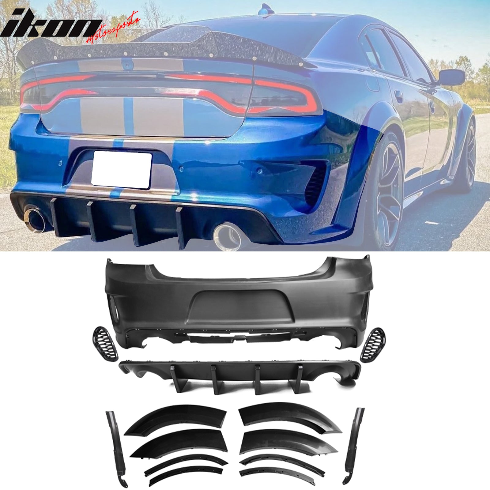 For 15-23 Charger Widebody LED Bumper Covers W/ SRT Grilles Matte Black Diffuser