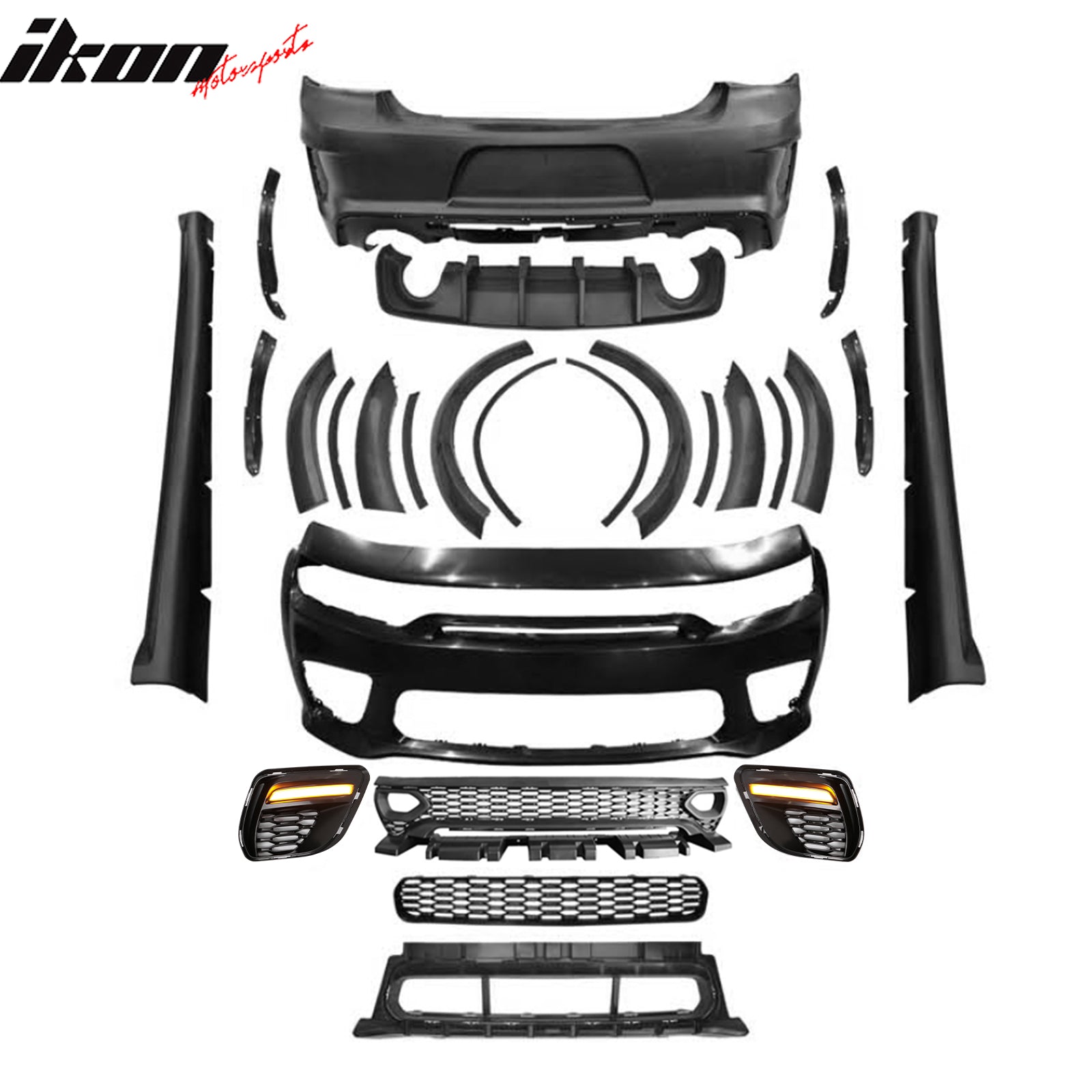 For 15-23 Charger Widebody LED Bumper Covers W/ SRT Grilles Matte Black Diffuser