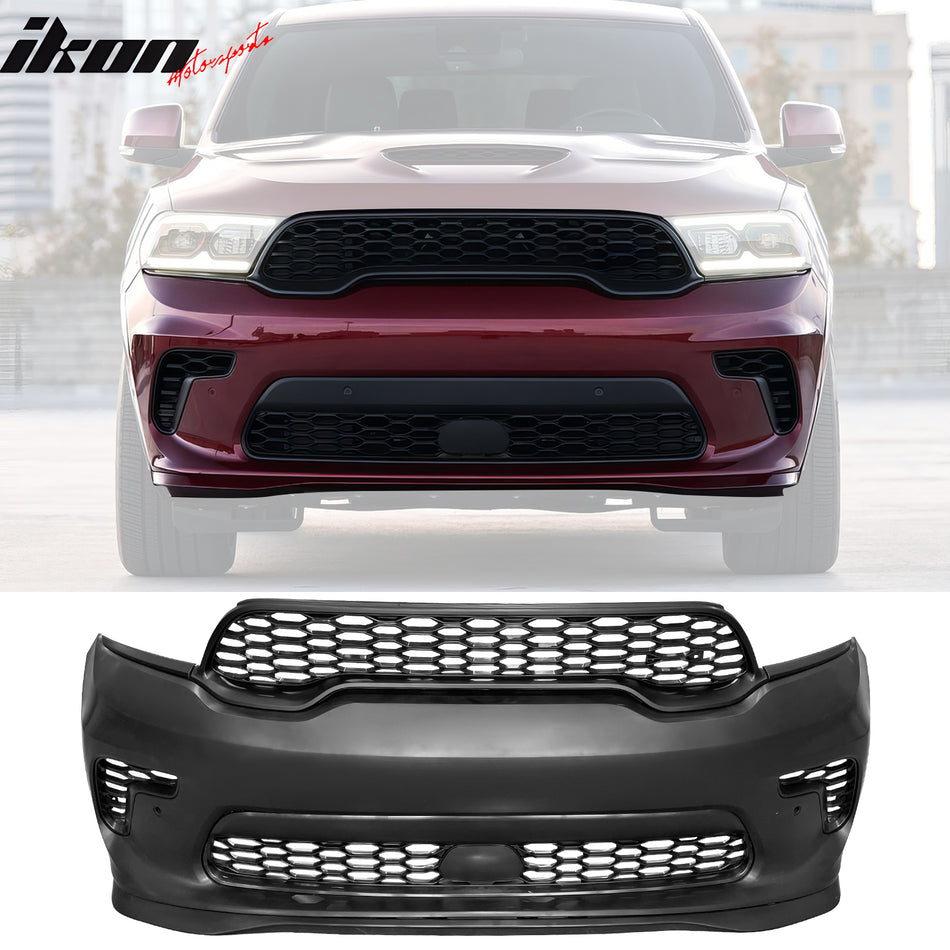 IKON MOTORSPORTS Front + Rear Bumper Cover with V1 5PC Diffuser Lip + Fender Flares + Side Skirts, Compatible with 2021-2024 Dodge Durango, Hellcat Style PP Conversion with Factory Style Step Pad