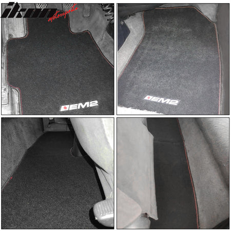 Fits 01-05 Honda Civic 4Dr 3PC Floor Mats W/EM2 Logo & Red Stitching Nylon Black