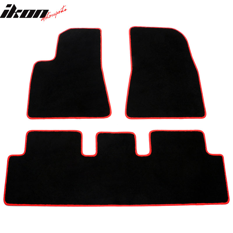 IKON MOTORSPORTS, Floor Mats Compatible With 2017-2023 Tesla Model 3 Sedan 4DR, Black Nylon OE Fitment Style Front & Rear Floor Mats Anti-slip Carpet With Red Edge 3PCS, 2018 2019 2020 2021 2022