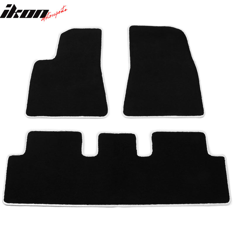 IKON MOTORSPORTS, Floor Mats Compatible With 2017-2023 Tesla Model 3 Sedan 4DR, Black Nylon OE Fitment Style Front & Rear Floor Mats Anti-slip Carpet With White Edge 3PCS, 2018 2019 2020 2021 2022