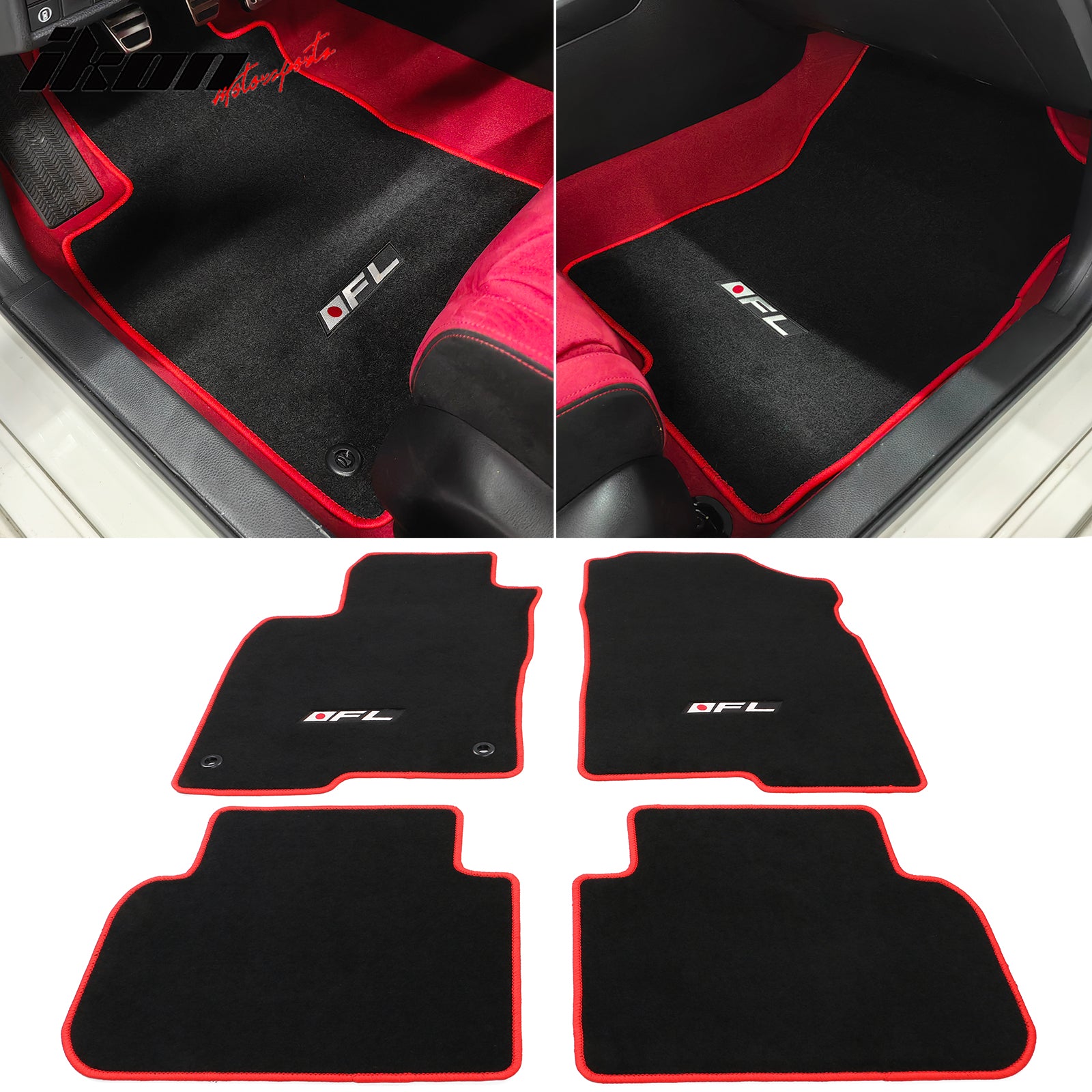 Fits 22-24 Honda Civic Nylon Floor Mats Carpet 4PC - Black&Beige&Gray&Black w/ Red