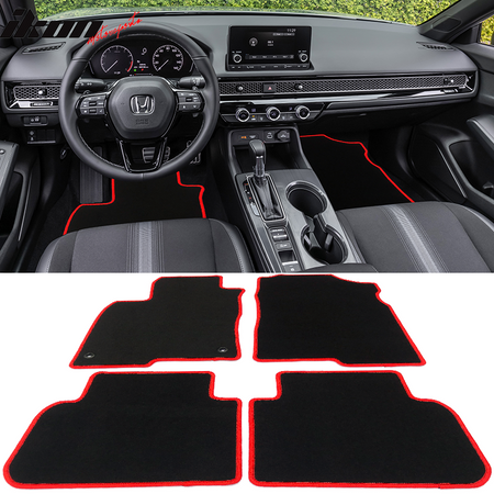 Fits 22-24 Honda Civic Nylon Floor Mats Carpet 4PC - Black&Beige&Gray&Black w/ Red