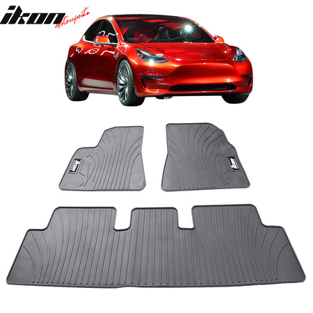 IKON MOTORSPORTS, Floor Mats Compatible With 2017-2023 Tesla Model 3, All Seasons Weather Interior Carpets Black Full Set