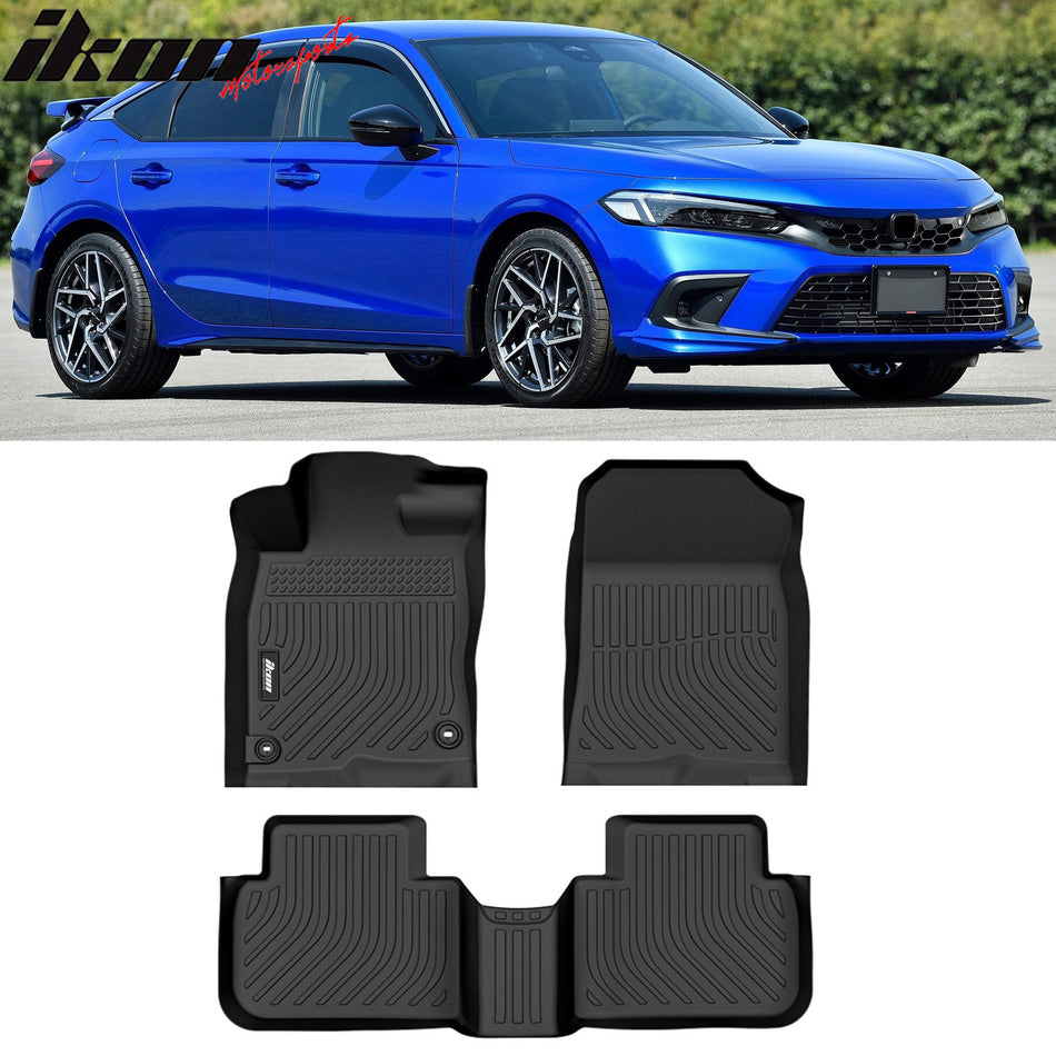 IKON MOTORSPORTS 3D TPE Floor Mats, Compatible with 2022-2024 Honda Civic with/Without USB Ports at Rear Seat/Integra, All Weather Waterproof Anti-Slip Liners, Front & 2nd Row Full Set, Black