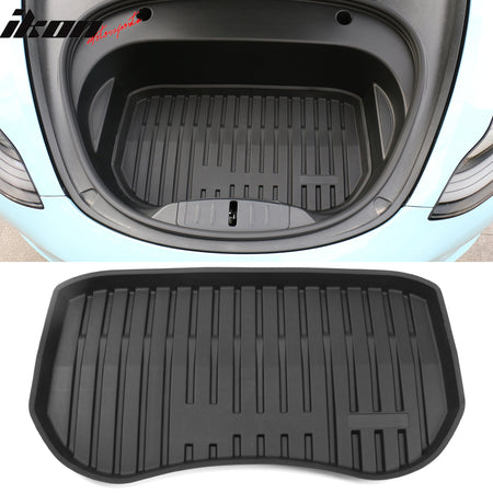 IKON MOTORSPORTS, Trunk Mats Cargo Liner Compatible with 2021-2023 Tesla Model 3, Black Injection TPE All Weather Waterproof Anti-Slip Frunk Trunk Under Cargo Storage Liner Mat Interior Accessories