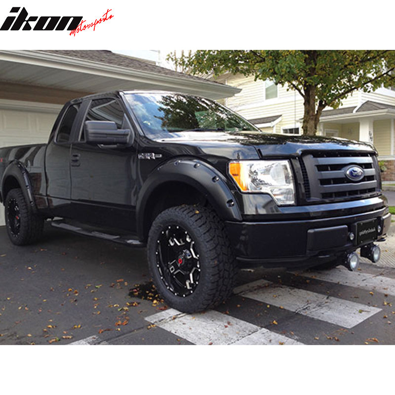 Fender Flares Compatible with 2009-2014 Ford F150, Pocket Rivet Style Matte Black Finish PP Wheel Cover Protector Vent Trim IKON MOTORSPORTS 2010 2011 2012 2013