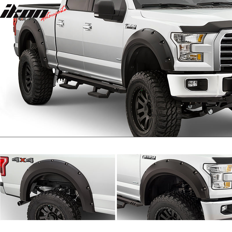 IKON MOTORSPORTS, Fender Compatible With 2015-2017 Ford F150, Pocket Rivet Style Fender Flares 4PC - PP