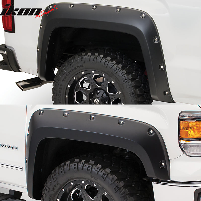 Fender Flares Compatible With 2014-2016 GMC Sierra 1500 Denali Crew Cab 69.3 Inch Bed, Sanded Black Pocket Rivet Style ABS Wheel Protect by IKON MOTORSPORTS