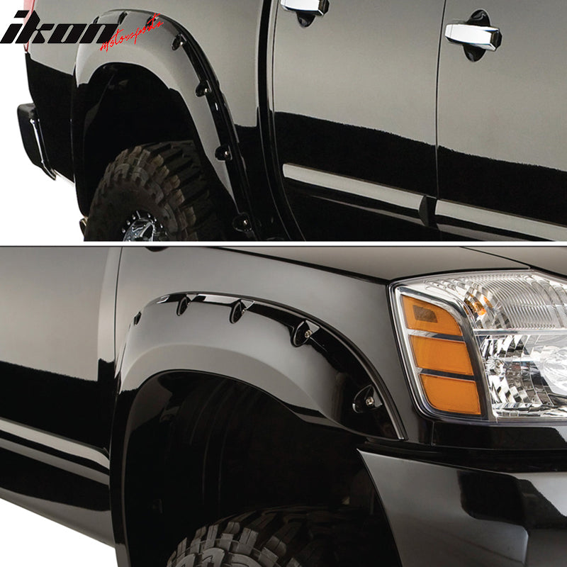 Fender Flares Compatible With 2004-2015 Nissan Titan, Pocket Rivet Style ABS Smooth Wheel Cover Protector Vent Trim by IKON MOTORSPORTS,  2005 2006 2007 2008 2009 2010 2011 2012 2013 2014