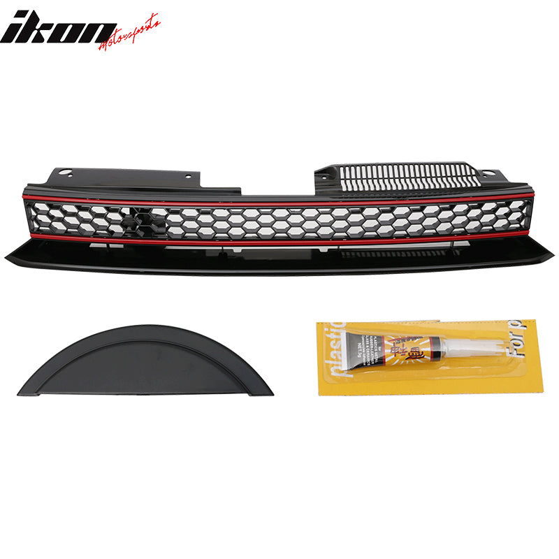 Fits 10-14 VW Golf 6 MK6 GTI Style Front Bumper Upper Grille Black W/Red Trim