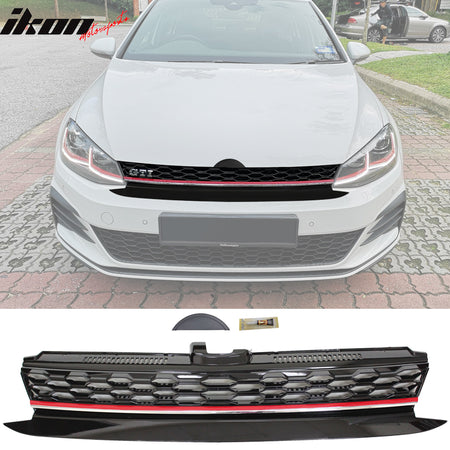 IKON MOTORSPORTS Grille Compatible with 17-19 VW Golf MK7 7.5 GTI Style Mesh Hood Upper Grille w/ Red Trim