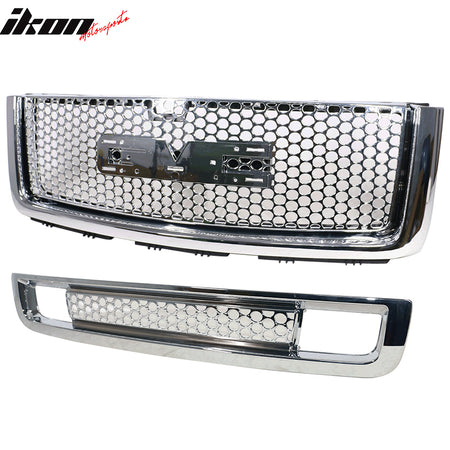 Grille Compatible With 2007-2013 GMC Sierra 1500 Denali, ABS Plastic Chrome Front Upper Grille + Lower Grill Guards By IKON MOTORSPORTS, 2008 2009 2010 2011 2012