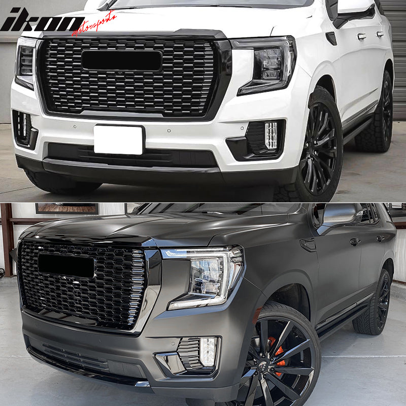 IKON MOTORSPORTS, Grille Compatible With 2021-2023 GMC Yukon & Yukon XL, Painted Gloss Black Denli Style Front Upper Bumper Grill