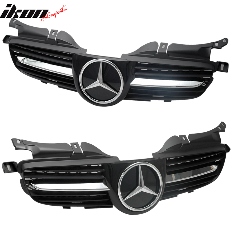 IKON MOTORSPORTS, Front Grille Compatible With 1998-2004 Mercedes-Benz R170 SLK Class Convertible 2Dr, Front Upper Hood Bumper Grill Grille Added on Bodykit Replacement Black, 1999 2000 2001 2002 2003